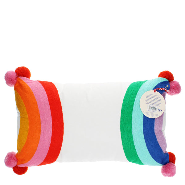 Embroidered cushion with pom poms - Rainbow