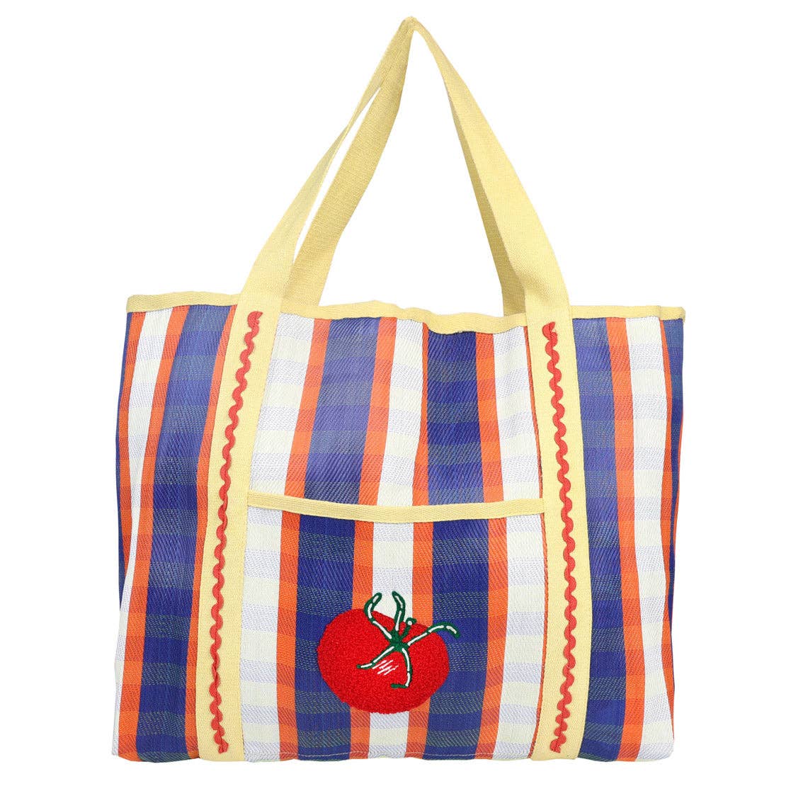 Striped tote bag with a tomato design on a white background