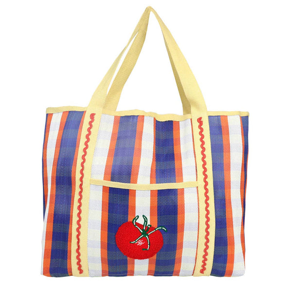 Striped tote bag with a tomato design on a white background
