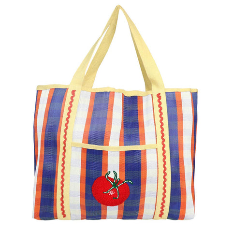 Striped tote bag with a tomato design on a white background