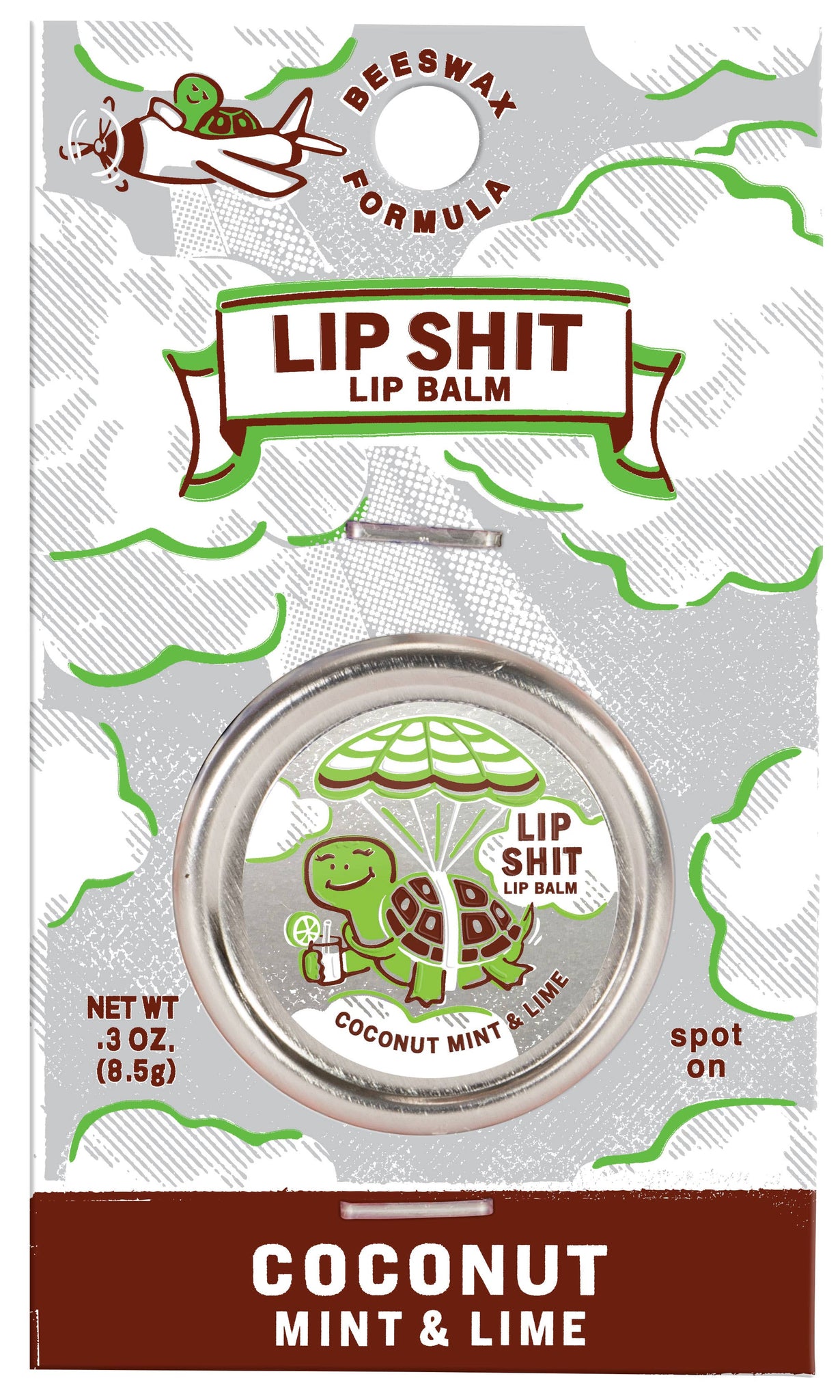 Lip balm packaging with coconut mint and lime flavor on a gray background