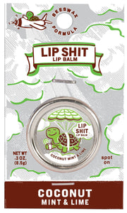 Lip balm packaging with coconut mint and lime flavor on a gray background