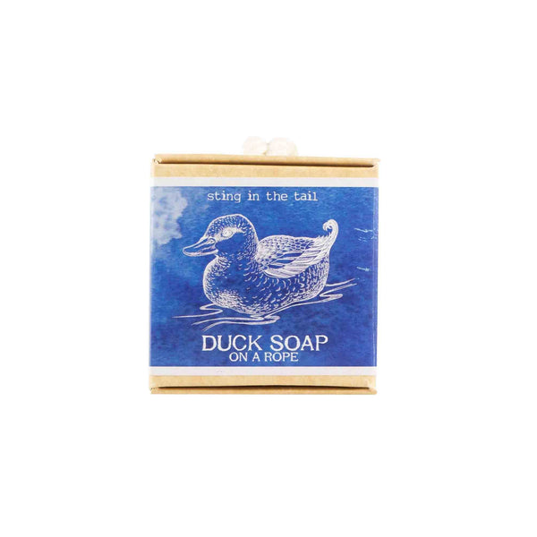 Box of duck soap with blue label and white duck illustration on a white background