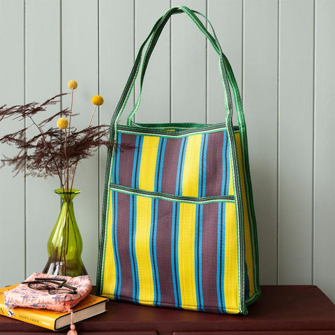 Recycled woven bag with side pocket - Brown, yellow, teal