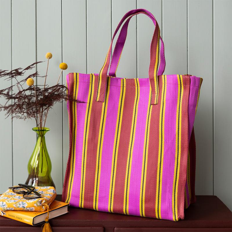 Recycled woven shopping bag - Yellow, pink, red