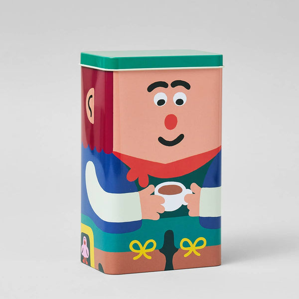 Colorful box with a cartoon character holding a cup on a white background