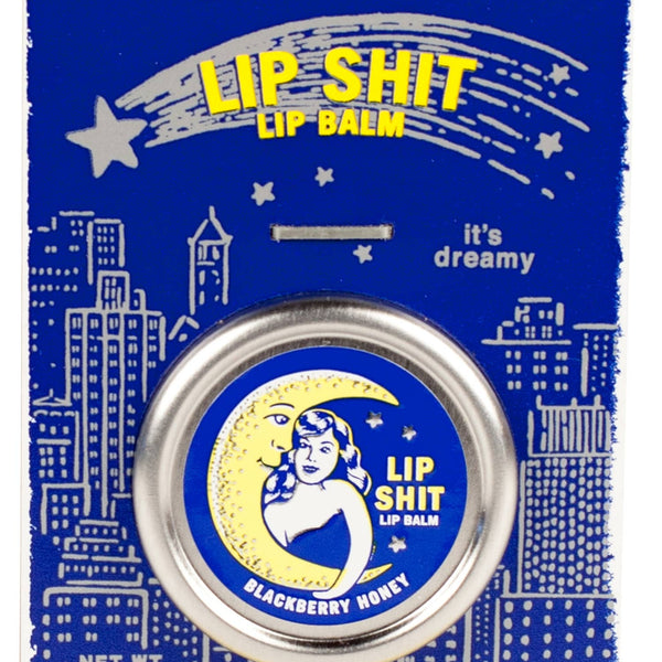 Lip balm packaging with blue and yellow design featuring a moon and star illustration.