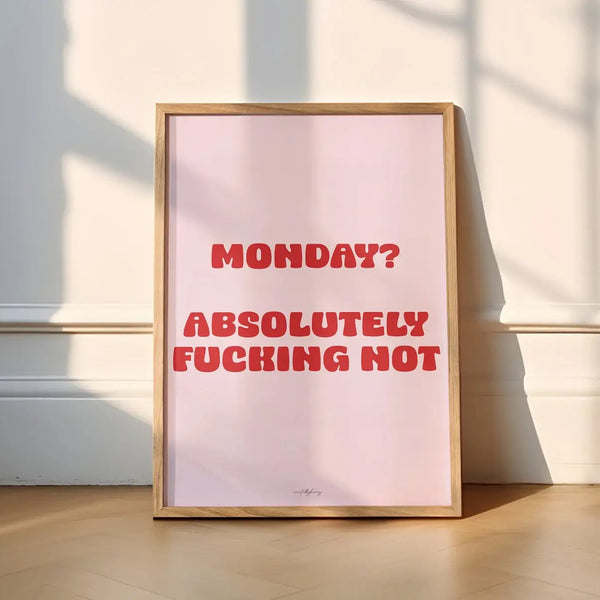 Framed poster with red text on a light background