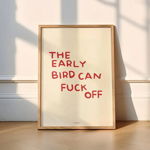 Framed poster with red text on a white background
