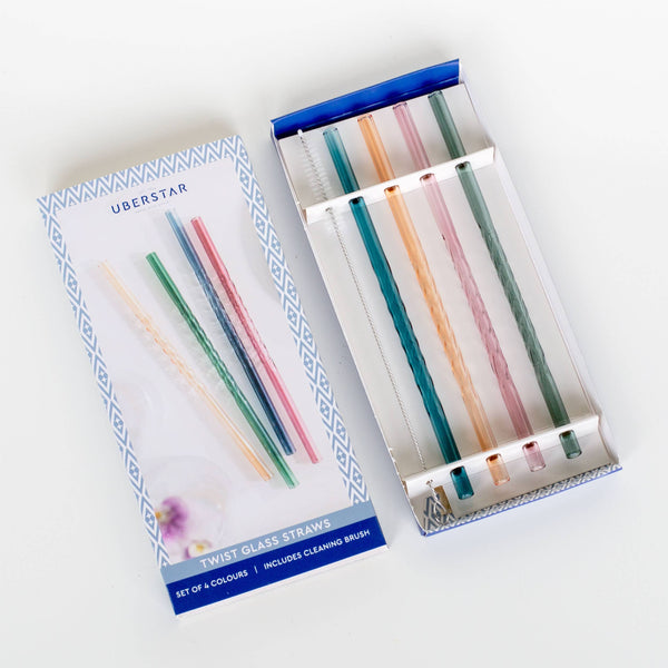 Twist Glass Coloured Straws - Set of 4