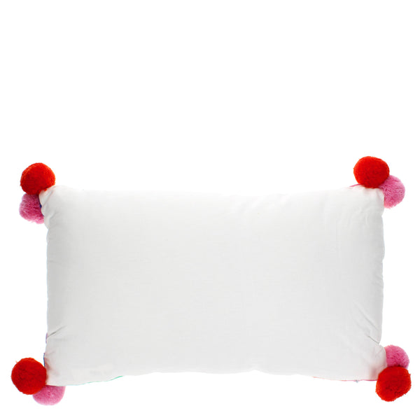 Embroidered cushion with pom poms - Rainbow