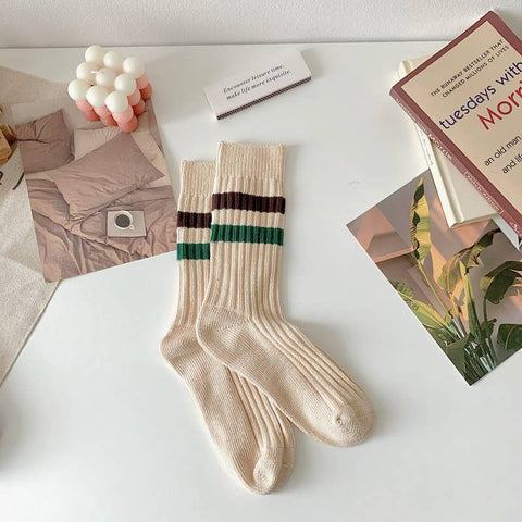 Retro Striped Socks - Knitted Cotton Crew Socks For Women